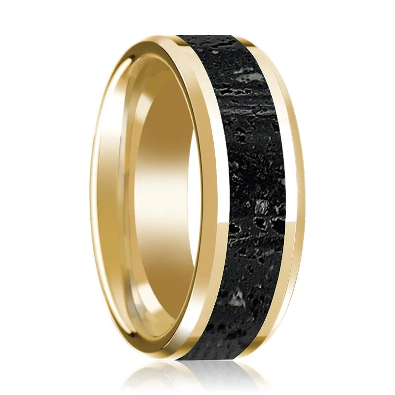 minimalistic rings for women-Lava Inlaid Men's 14k Yellow Gold Polished Wedding Band with Beveled Edges - 8MM