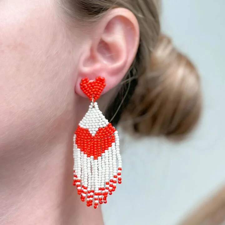 dazzling earrings for women-Seed Bead Tassel Heart Earrings - Red