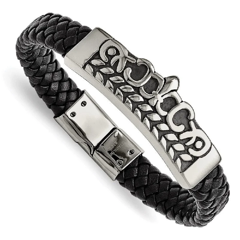 delicate bangles for women-Stainless Steel Antiqued Fleur de Lis Black Leather Bracelet