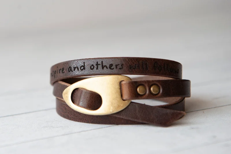 affordable bangles for women-Personalized Leather Wrap Bracelet, Engrave Custom Words, Rustic Brown Leather Handmade Jewelry