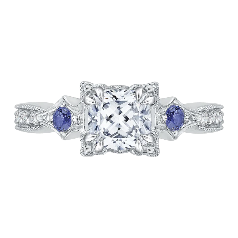 birthstone engagement rings-14K White Gold Cushion Cut Diamond Engagement Ring with Sapphire (Semi Mount)