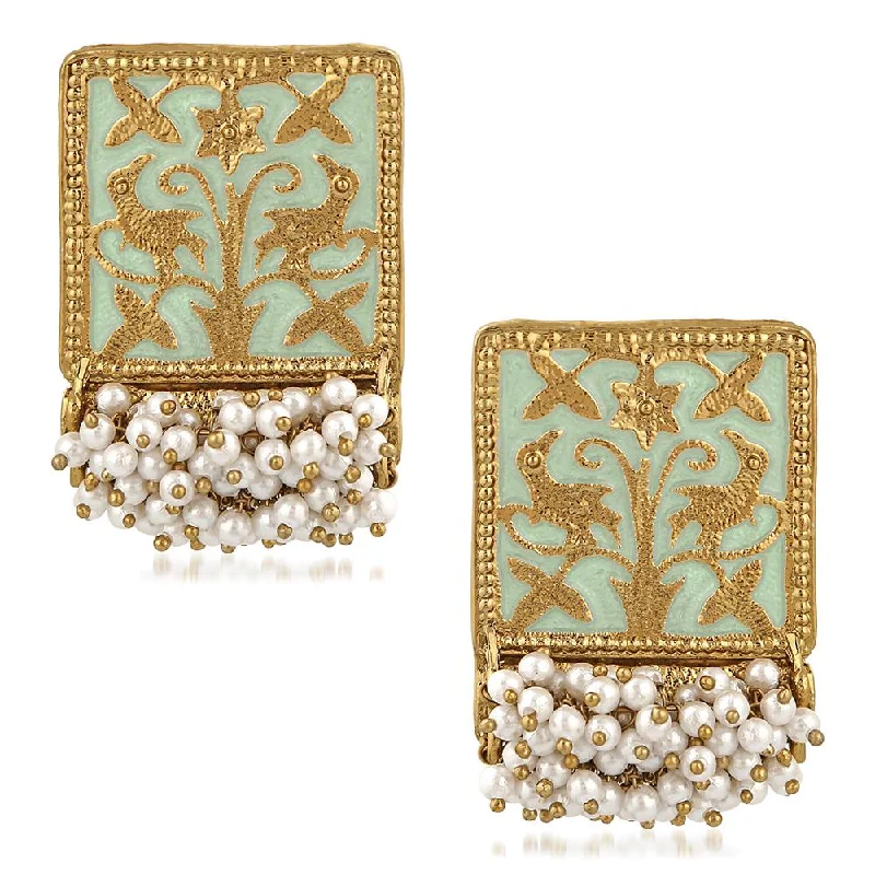 bridal hoop earrings for women-Mahi Ethnic Meenakari Work Rectangular Shape Dangler Earring with Artificial Pearl for Women VECJ100138Fir