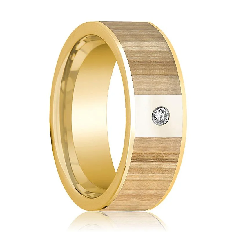 bridal rings for women-Men's 14k Yellow Gold Wedding Band with Ash Wood Inlay and Diamond - 8MM