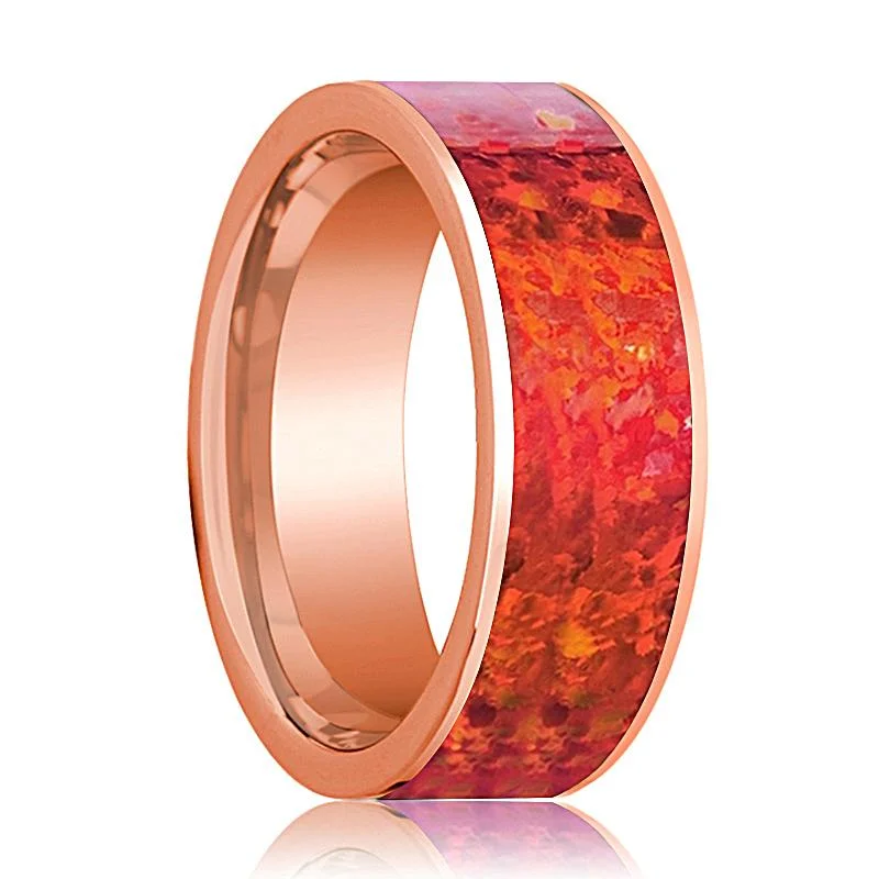 fancy diamond rings for women-Polished 14k Rose Gold Men's Flat Wedding Band with Red Opal Inlay - 8MM