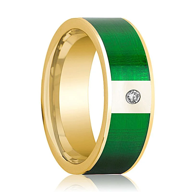 classic rings for engagement-Men's 14k Yellow Gold Wedding Band with Textured Green Inlay and Diamond in Center - 8MM