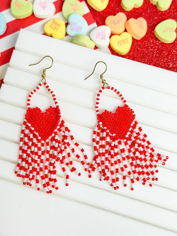 custom earrings for women-Heart Beaded Tassel Earrings