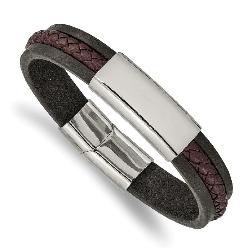 custom bangles for women-Stainless Steel Polished Black & Brown Braided Leather 8.25in ID Bracelet