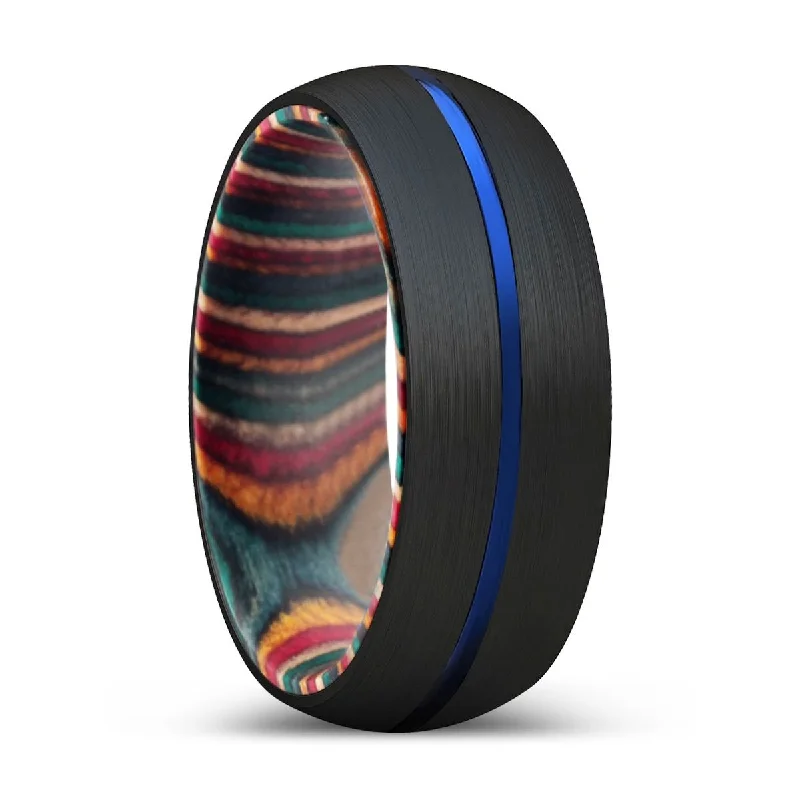 custom-made wedding rings for women-ALBY | Multi Color Wood, Black Tungsten Ring, Blue Groove, Domed