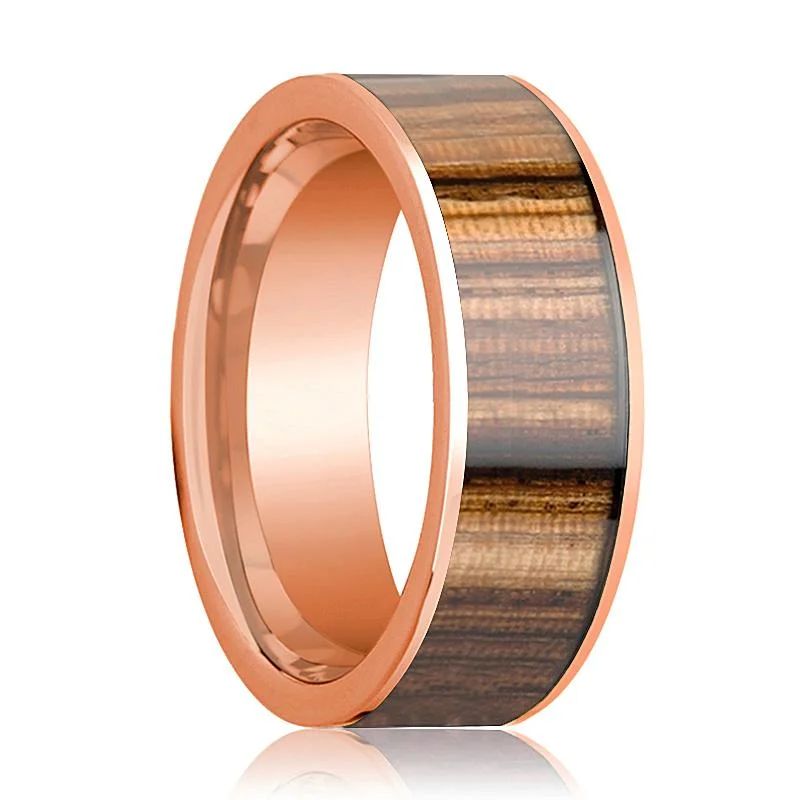 trendy rings for women-14k Rose Gold Men's Wedding Band with Zebra Wood Inlay Flat Polished - 8MM