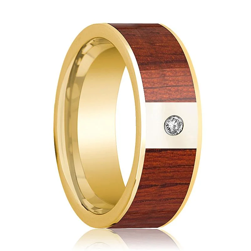 men's rings for women-Men's 14k Gold Wedding Band with White Diamond in Center and Padauk Wood Inlay - 8MM