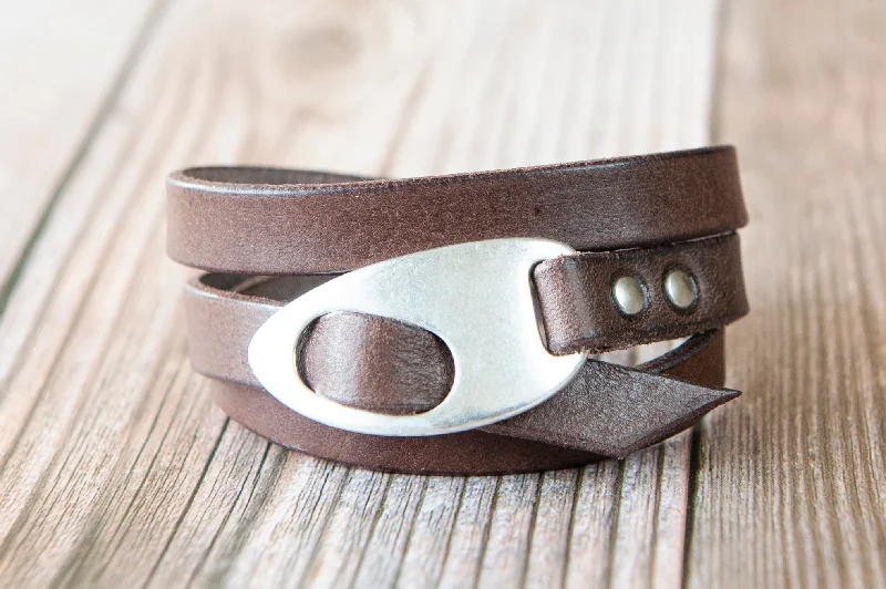 classic bangles for women-Personalized Leather Wrap Bracelet, Engrave Custom Words , Handmade, Brown Leather