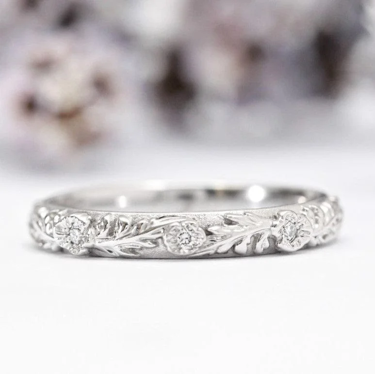 men's rings for women-Diamond Trio Poppy Flower Leaf Wedding Band