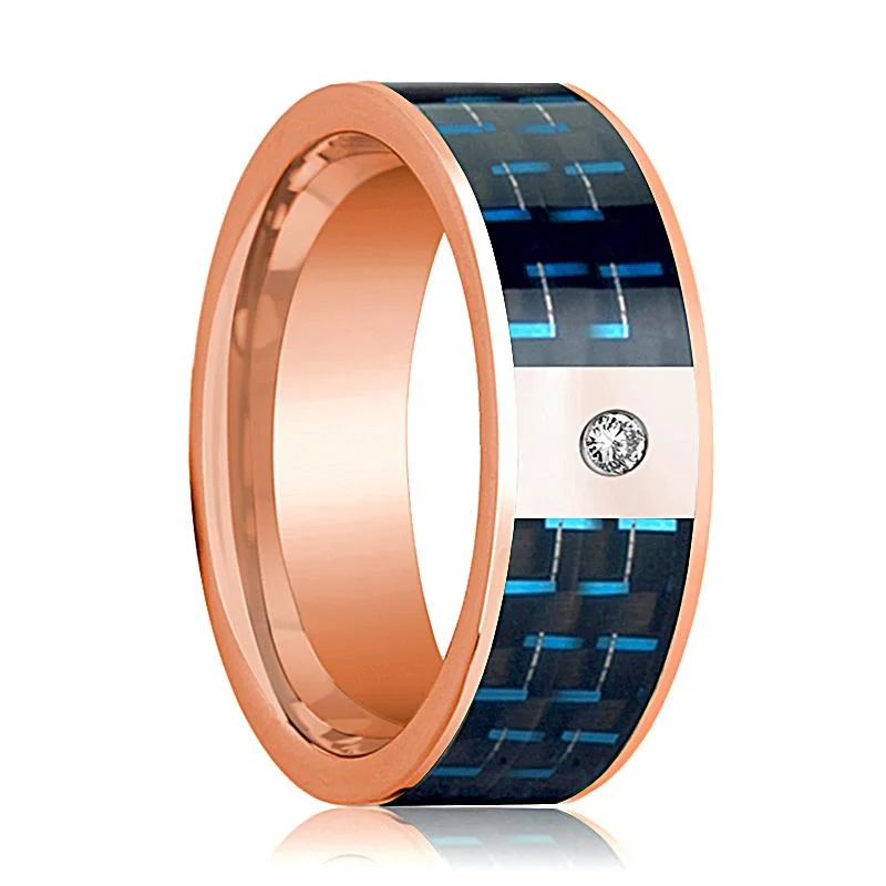 wedding rings for women-Flat Polished 14k Rose Gold Men's Wedding Band with Diamond and Black & Blue Carbon Fiber Inlay - 8MM