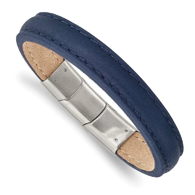 beaded bracelets for women-Stainless Steel Polished Blue Leather w/.5in ext 7.75in  Bracelet