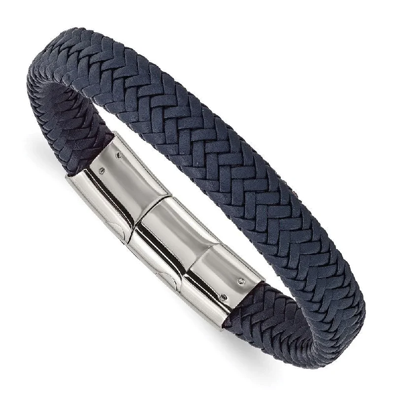 unique bangles for women-Stainless Steel Polished Navy Blue Leather w/.5in ext 7.75in Bracelet