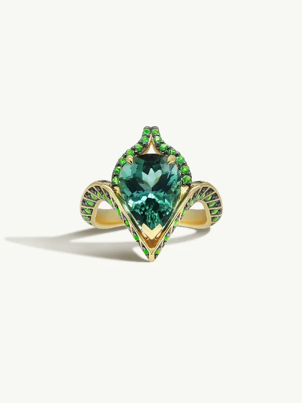 engagement rings with unique stones-Oceanna Ring With Mint Green Tourmaline & Brilliant-Cut Tsavorite Garnets In 18K Yellow Gold