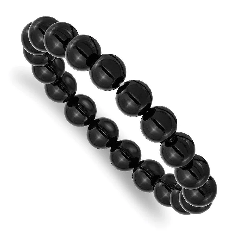 stackable charm bracelets for women-Black Agate Beaded Stretch Bracelet