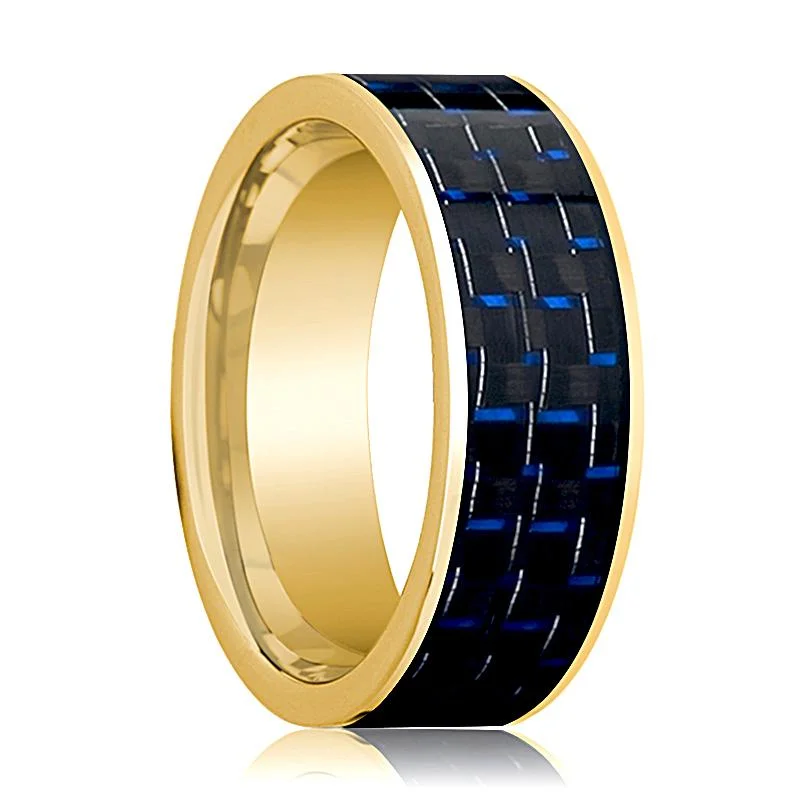 wedding rings with diamonds-Flat Polished 14k Gold Wedding Band for Men with Blue and Black Carbon Fiber Inlay - 8MM