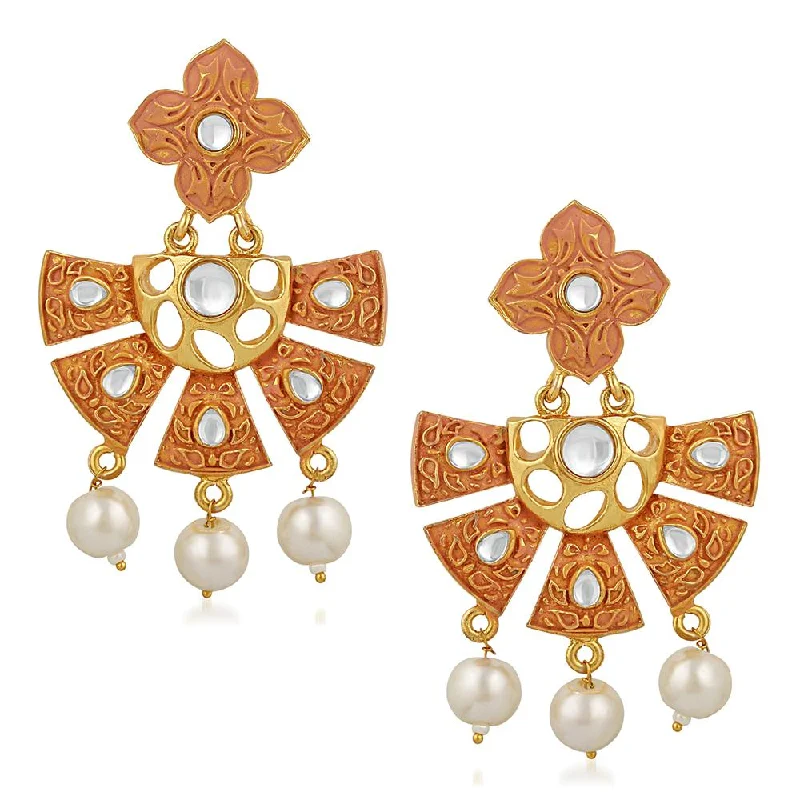 birthday gift earrings for women-Mahi Traditional Gold Plated Floral Kundan Dangel Earring with Meenakari Work For Women VECJ100203