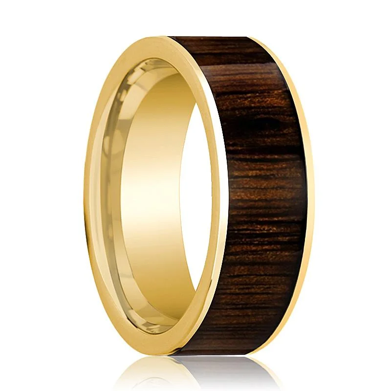 vintage rings for women-Black Walnut Wood Inlaid Men's 14k Yellow Gold Flat Wedding Band Polished Finish - 8MM