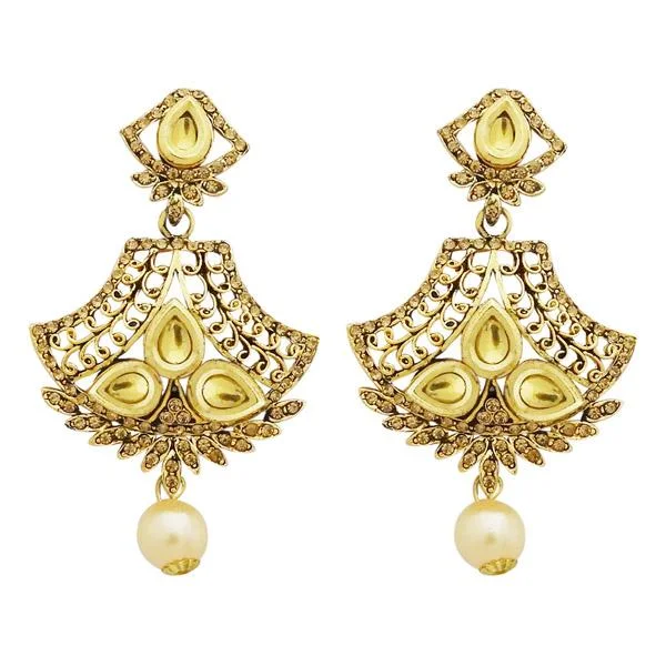 round stud earrings for women-Jheel Stone Gold Plated Pearl Drop Dangler Earrings - 2900238A