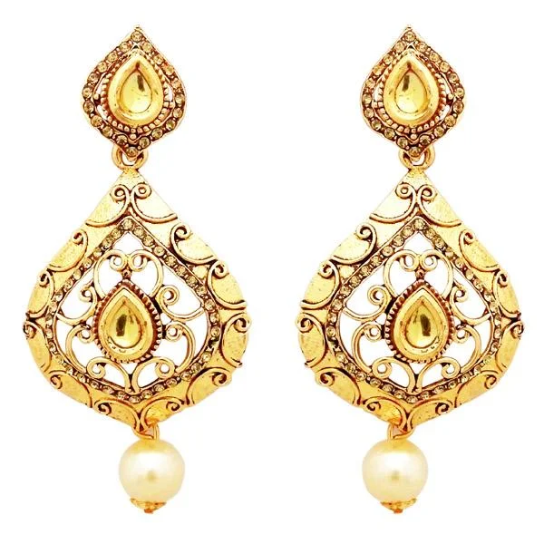 chic drop earrings for women-Jheel Stone Gold Plated Pearl Drop Dangler Earrings - 2900230A