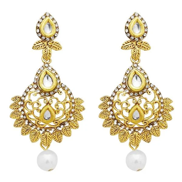 black stud earrings for women-Jheel Stone Gold Plated Pearl Drop Dangler Earrings - 2900228B