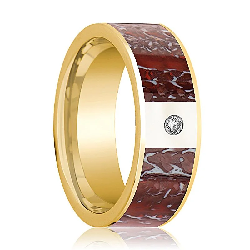 anniversary rings for women-ADZE | 14k Yellow Gold Ring Diamond and Red Dinosaur Bone