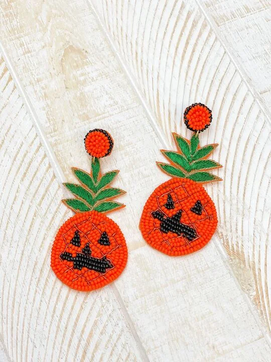 boho earrings for women-Pineapple Jack-o'-lantern Beaded Dangle Earrings