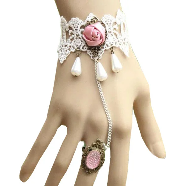 silver charm bracelets for women-Pink Rose Ring-to-Wrist Bracelet