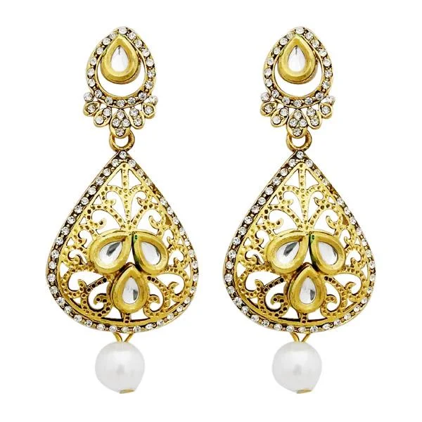 floral earrings for women-Jheel Kundan Stone Gold Plated Dangler Earrings - 2900234B