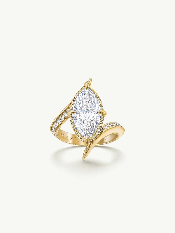 men's rings for women-Ayla Arabesque Engagement Ring With Brilliant Marquise-Cut White Diamond & Half Pavé-Set Brilliant White Diamonds In 18K Yellow Gold