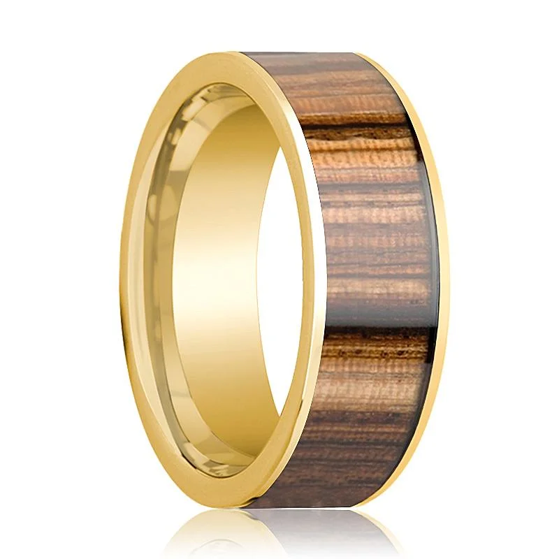 stackable rings for women-Zebra Wood Inlaid Men's 14k Yellow Gold Flat Wedding Band Polished Finish - 8MM