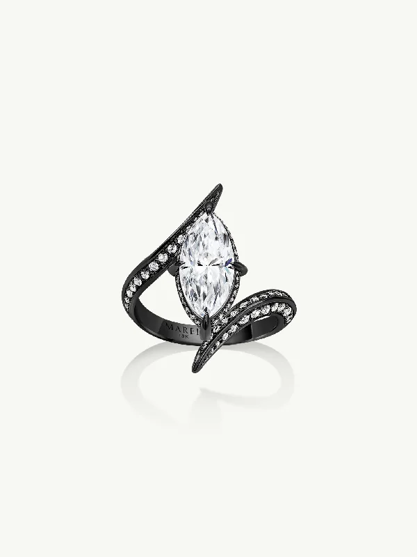 special rings for women-Ayla Arabesque Engagement Ring With Marquise-Cut White Diamond & Pavé-Set Brilliant White Diamonds In 18K Blackened Gold