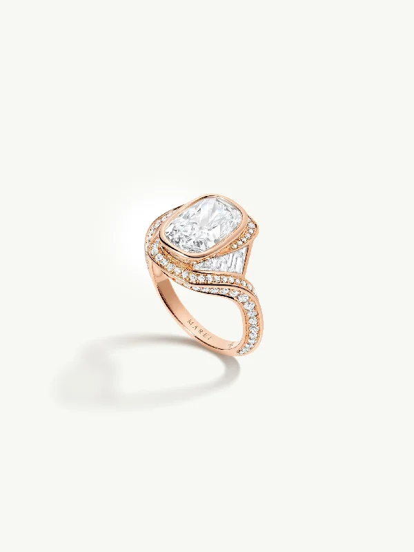 designer rings for women-Maat Engagement Ring With Brilliant Cushion-Cut Diamond, Baguettes & Pavé-Set White Diamonds in 18K Rose Gold