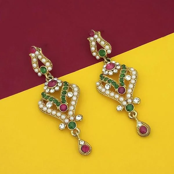 opal earrings for women-Kriaa Gold Plated Pink Green Stone Dangler Earrings