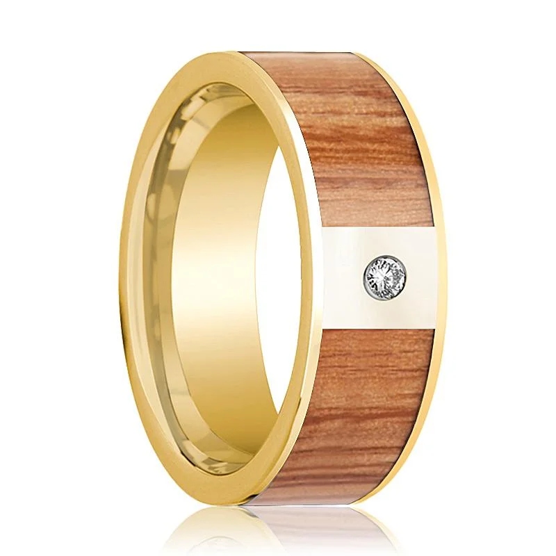 gold diamond rings for women-Red Oak Wood Inlaid 14k Yellow Gold Men's Wedding Band with Diamond in Center - 8MM