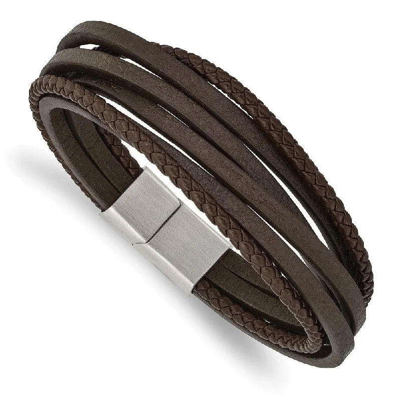 handmade bangles for women-Stainless Steel Brushed Brown Leather Multi Strand 8in Bracelet