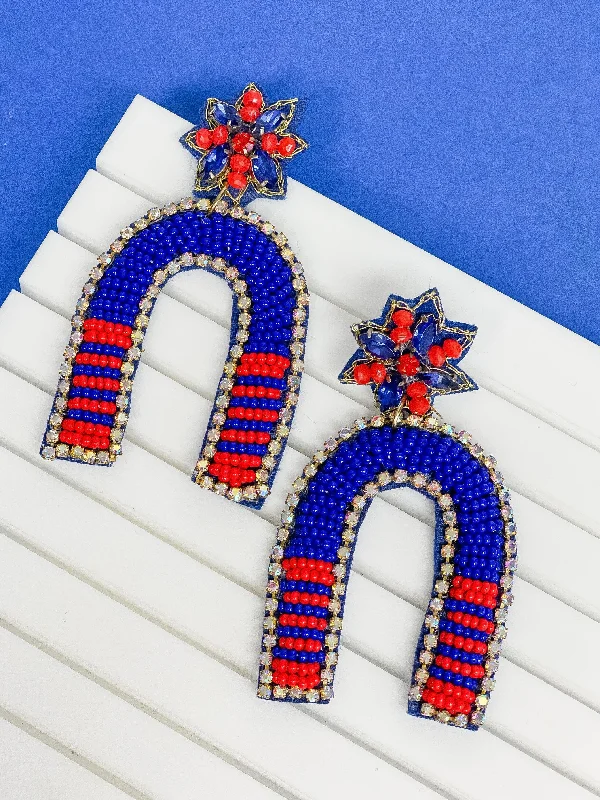 hoop earrings for women-Game Day Beaded Arch Dangle Earrings - Blue & Red