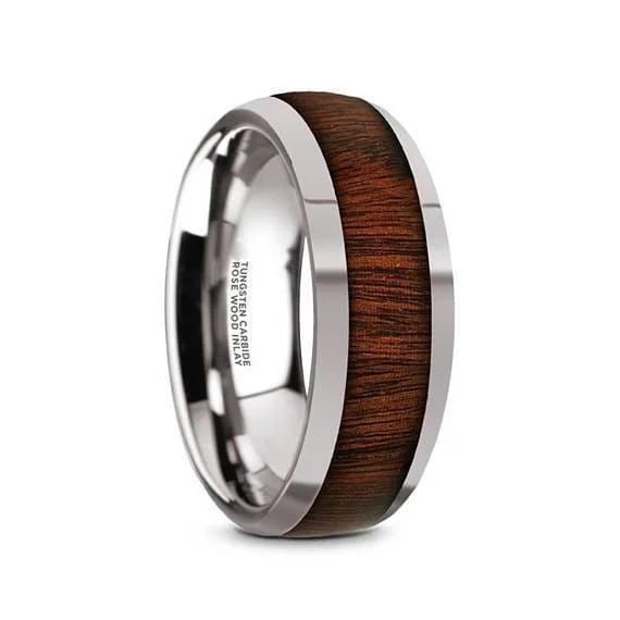 solitaire rings for women-Caden Domed Tungsten Carbide Wedding Band With Rose Wood Inlay For Him - 8 mm