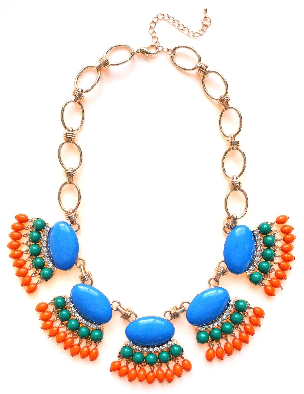 romantic charm necklaces for women-Fan Fringe Statement Necklace- Blue