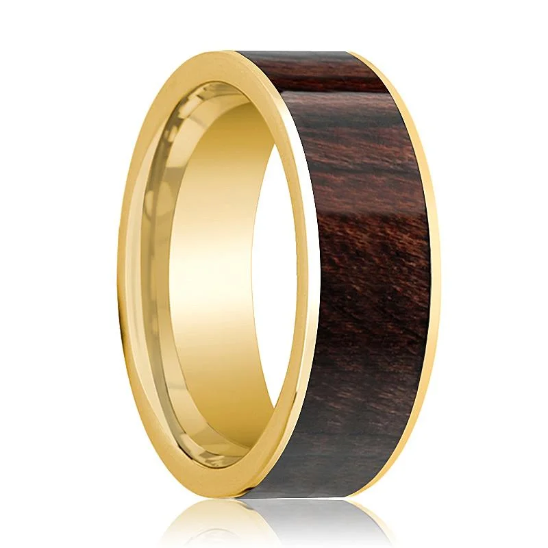 statement rings for women-Mens Wedding Band 14k Yellow Gold & Bubinga Wood Inlaid Polished Finish  - 8mm