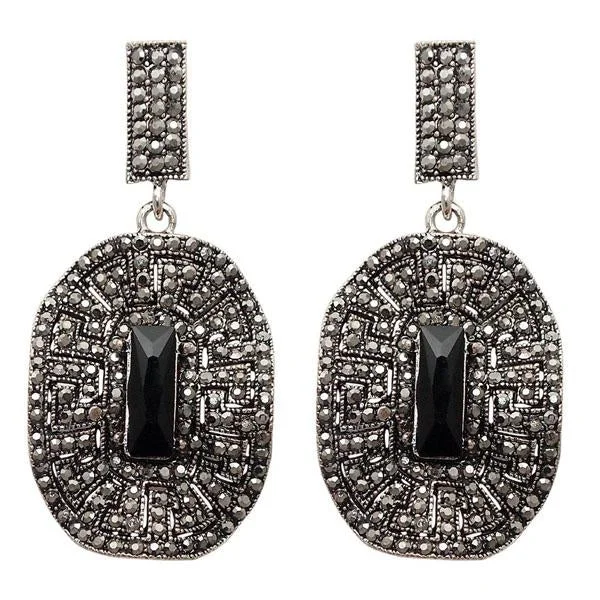 silver drop earrings for women-Jeweljunk Black Marcasite Stone Oxidised Dangler Earring - 1307739A