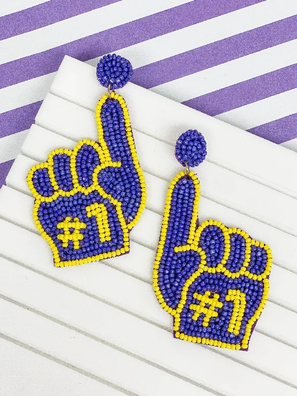 pearl earrings for women-#1 Go Team Foam Finger Beaded Dangle Earrings - Purple & Yellow