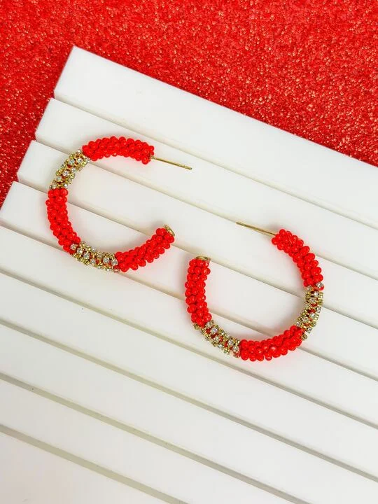 crystal drop earrings for women-Seed Bead & Rhinestone Hoop Earrings - Red