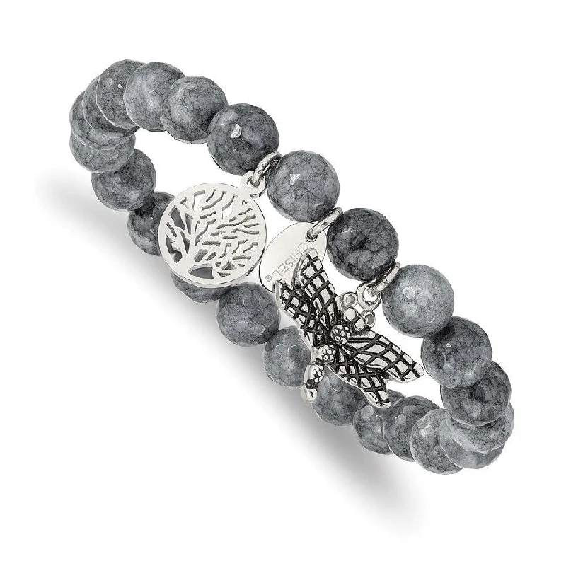 charm bangles for women-Stainless Steel Antiqued & Polished Dragonfly Grey Dyed Jade Bracelet