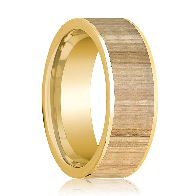 wedding bands for women-Ash Wood Inlaid Men's 14k Yellow Gold Wedding Band Flat Polished - 8MM