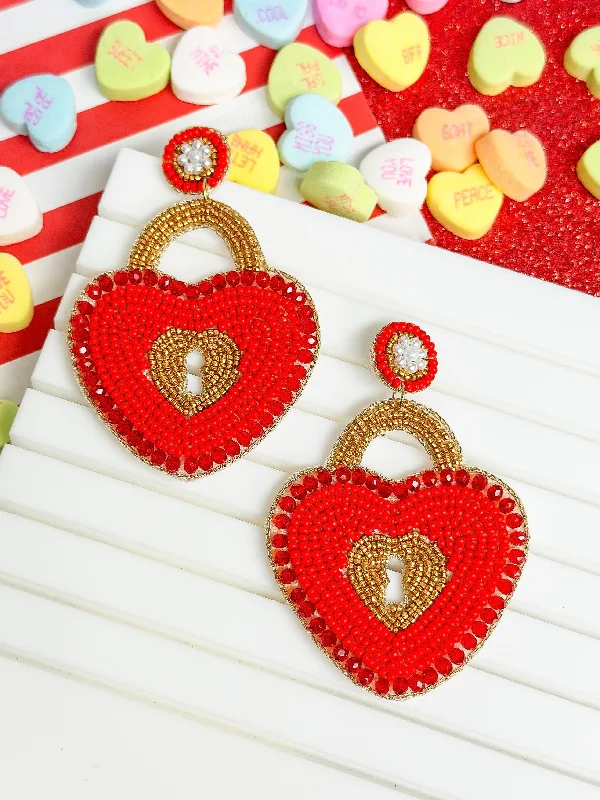 black stud earrings for women-Heart Locket Beaded Dangle Earrings - Red