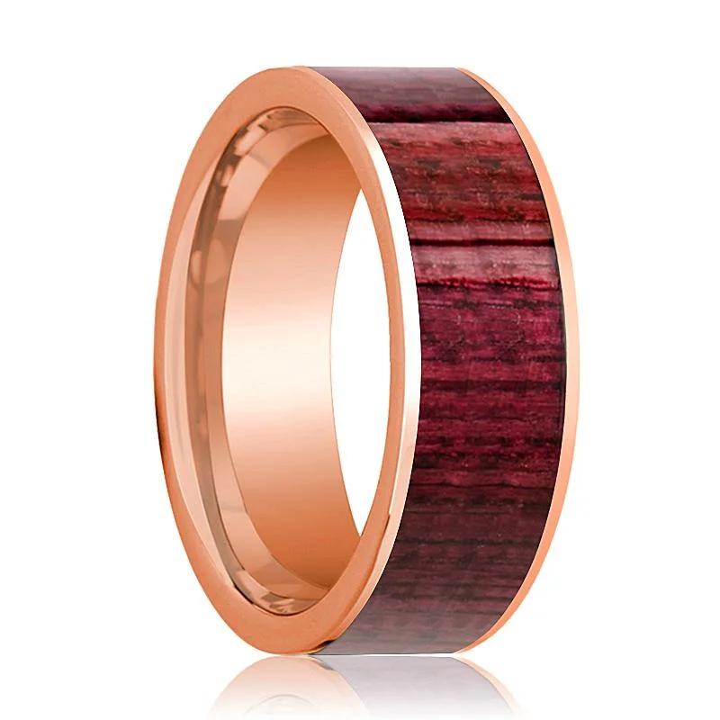 gemstone engagement rings for women-Polished 14k Rose Gold Flat Men's Wedding Band with Purpleheart Wood Inlay - 8MM