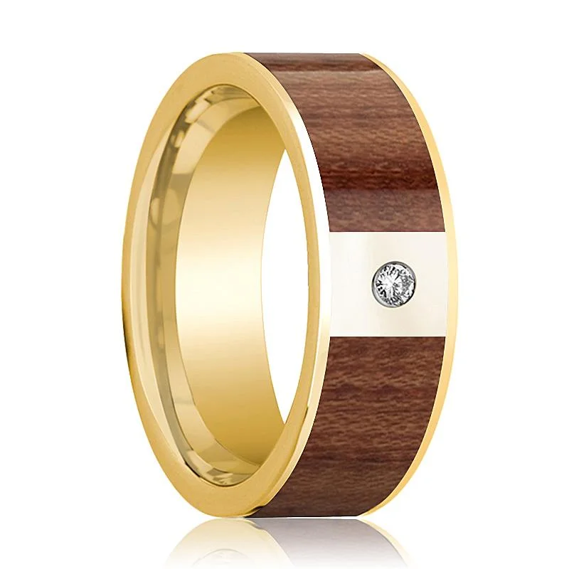 trendy rings for women-Men's 14k Yellow Gold Flat Wedding Band with Rose Wood Inlay and White Diamond - 8MM